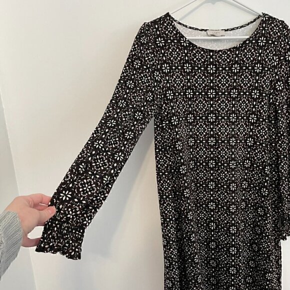 ANN TAYLOR LOFT Outlet Black White Brown Geo Geometric Long Sleeve Shift Dress M - Picture 6 of 11